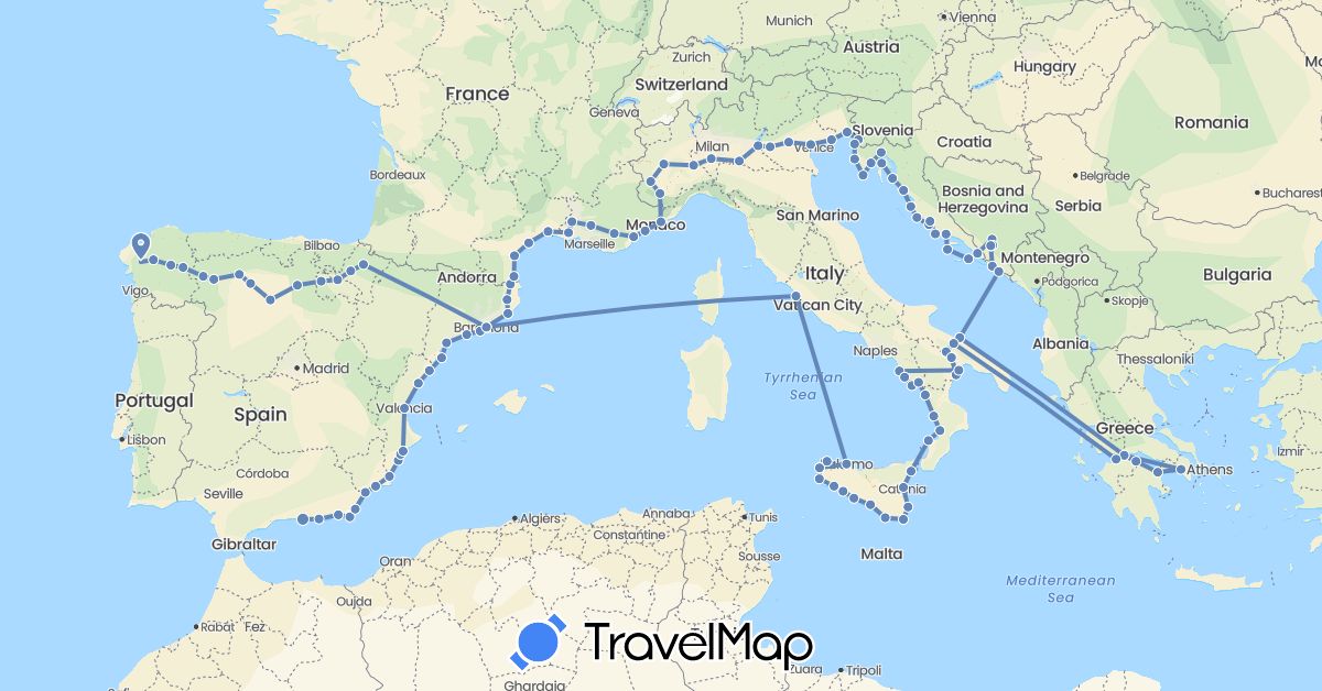 TravelMap itinerary: driving, cycling in Bosnia and Herzegovina, Spain, France, Greece, Croatia, Italy, Slovenia (Europe)