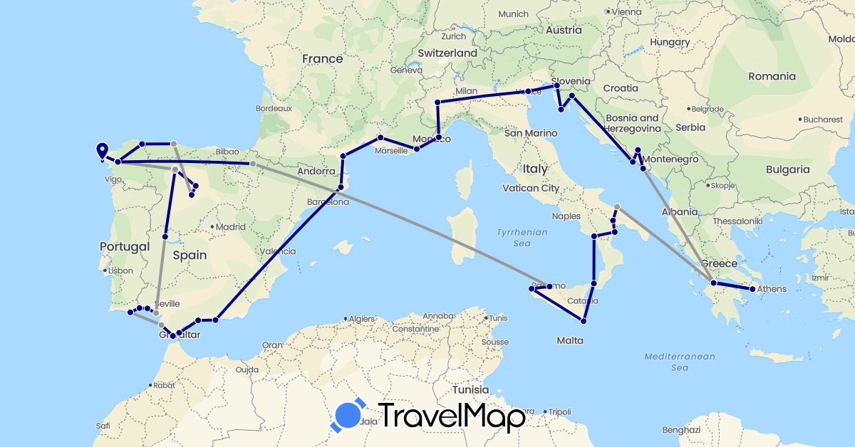 TravelMap itinerary: driving, plane in Spain, France, Greece, Croatia, Italy, Portugal (Europe)